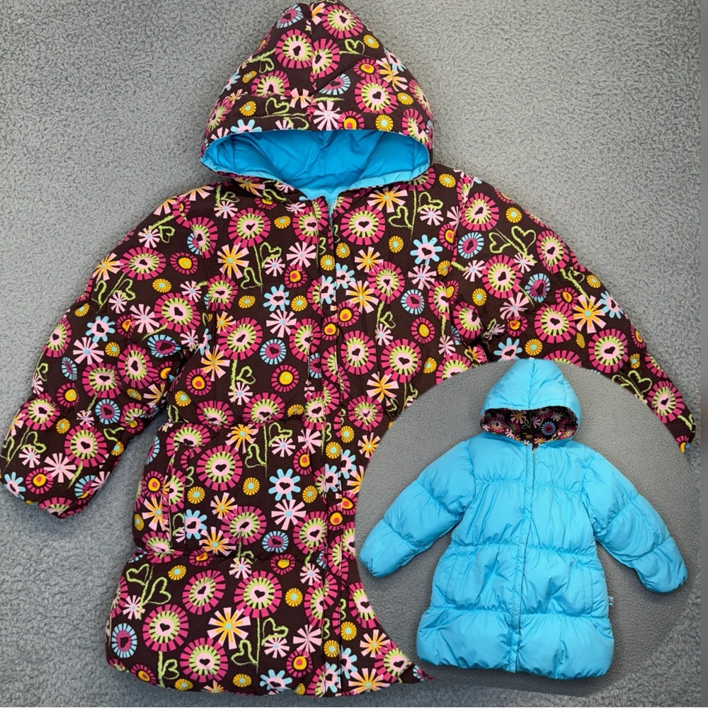One Kid Winter Down Puffer Jacket Girl 5 Blue Reversible Brown Floral Coat Hood
